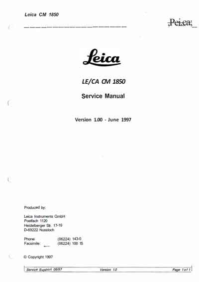 Сервисная инструкция, Service manual на Лаборатория Криостат CM 1850