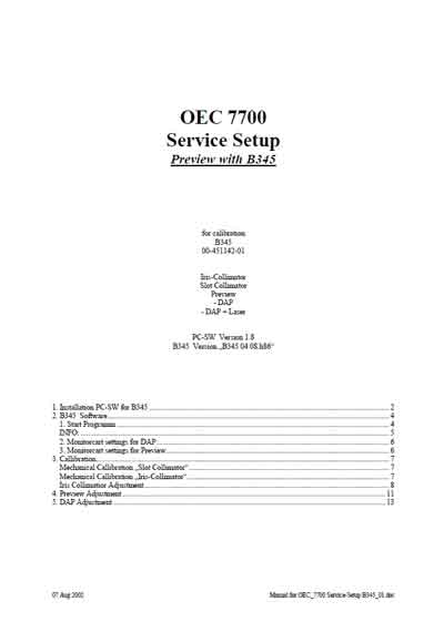 Инструкция по установке, Installation Manual на Рентген OEC 7700 Service Setup Preview with B345