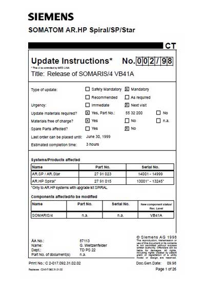 Инструкция по установке, Installation Manual на Томограф Somatom AR.HP Spiral/SP/Star - Release of SOMARIS/4 VB41A