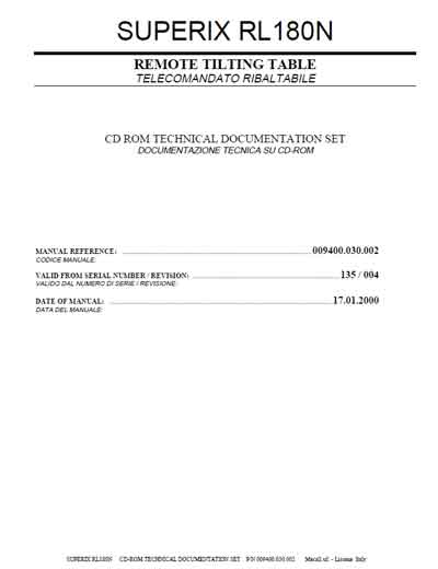 Эксплуатационная и сервисная документация, Operating and Service Documentation на Рентген Стол телеуправляемый Superix RL 180N (Lissone)