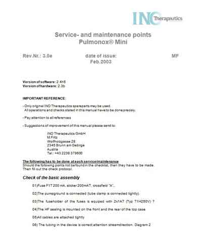 Сервисная инструкция, Service manual на Терапия Pulmonox Mini (INO)