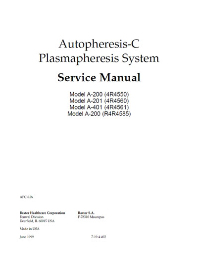 Сервисная инструкция, Service manual на Разное Autopheresis-C (для плазмафереза)