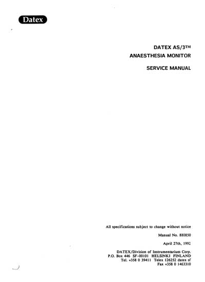 Сервисная инструкция, Service manual на Мониторы AS-3 Anesthesia Monitor