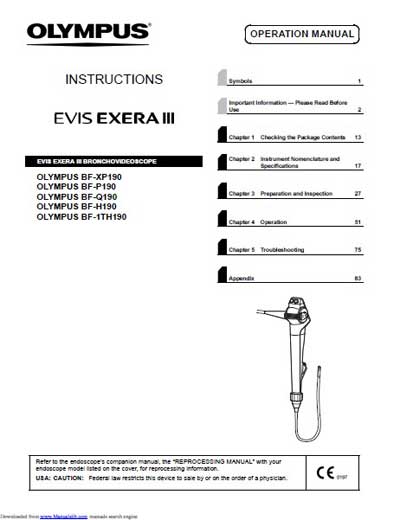 Инструкция по эксплуатации, Operation (Instruction) manual на Эндоскопия EVIS EXERA III BF-XP190,P190,Q190,H190,1TH190