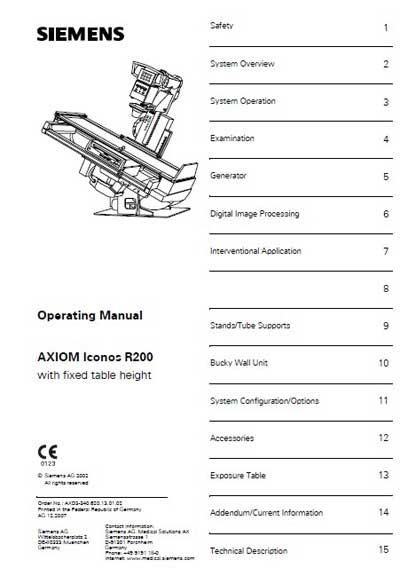 Инструкция по эксплуатации, Operation (Instruction) manual на Рентген Axiom Iconos R200