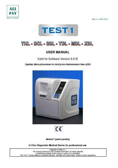 Инструкция пользователя, User manual на Анализаторы Alifax TEST1 (Version 6.01E)